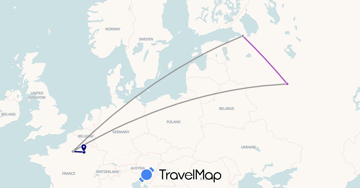 TravelMap itinerary: driving, bus, plane, train in France, Russia (Europe)